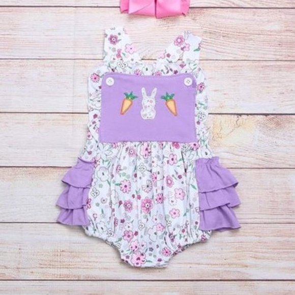 One Pieces Boutique Baby Girls Easter Bunny Floral Ruffle Romper